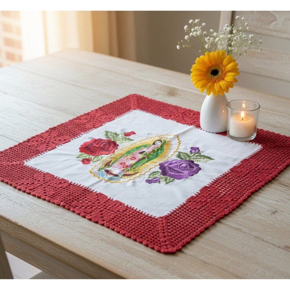 Virgin Of Guadalupe Embroidered Tablecloth With Red Crochet Border & Floral Desi